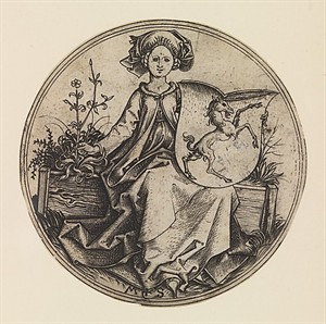 WIKI_20251023_Martin_Schongauer_-_Wappenschild_mit_Einhorn,_von_einer_jungen_Frau_gehalten_(L_96).jpg